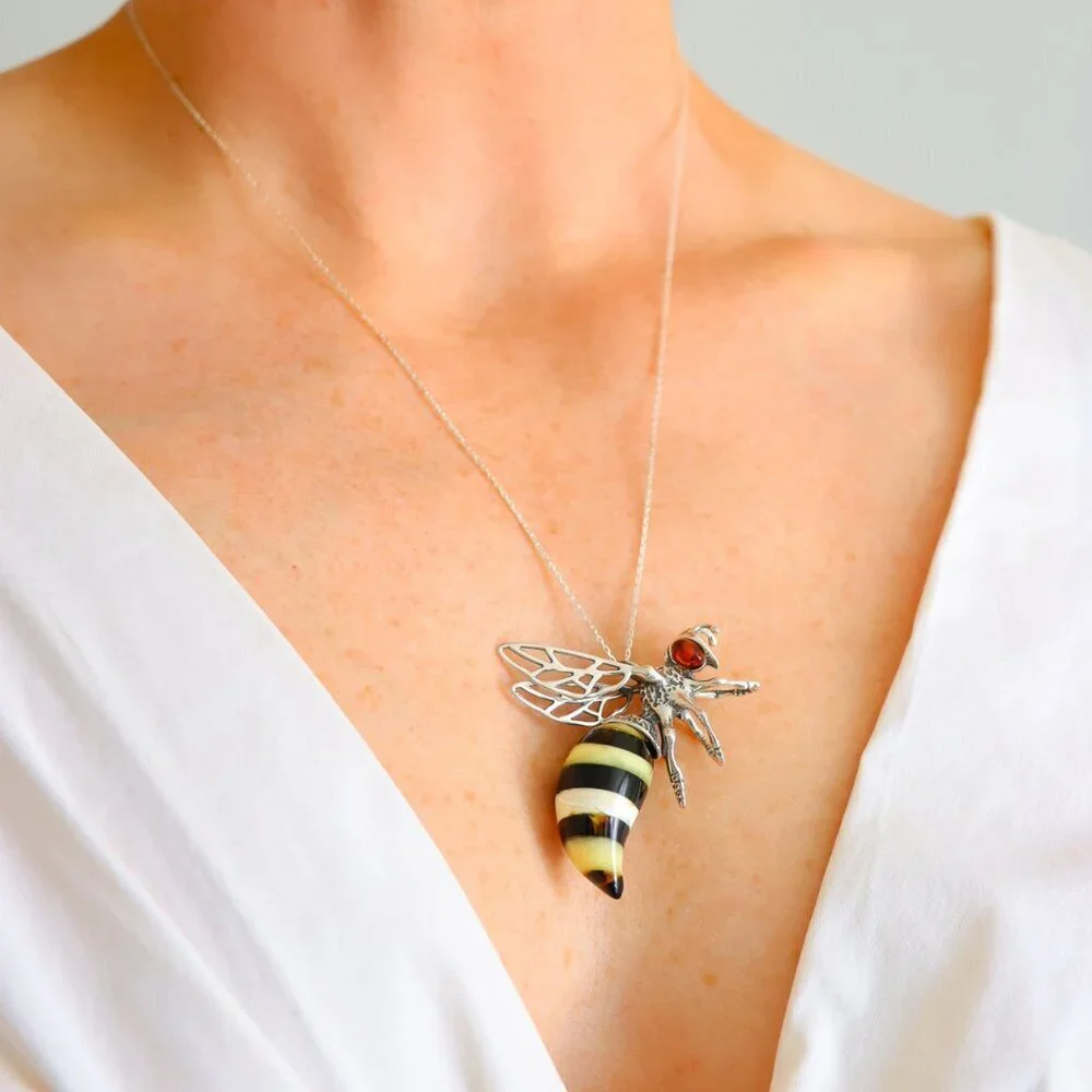 Baltic Amber Bumble Bee Pendant Necklace 925 Sterling Silver
